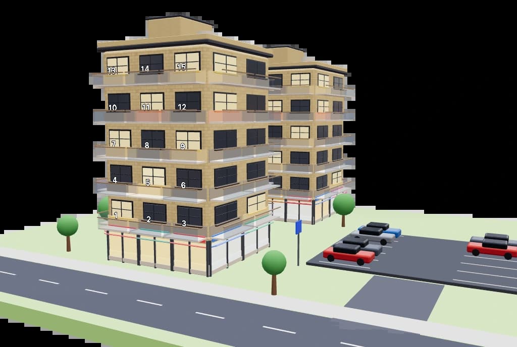 Daire Takip 3B görünümü: tuğla cepheli blok, cephesinde daire numaraları, önde kaldırımlı cadde, sağda arabalı açık otopark